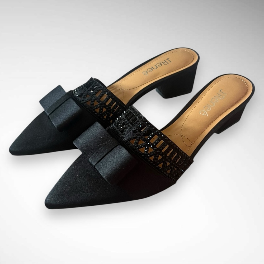 J. RENEE Black Randa Satin Pointy Toe Mule Sandal W/‎ Bow Detail Size 7.5 | NWOT